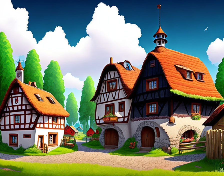 Vibrant cartoon village scene with traditional houses and green trees