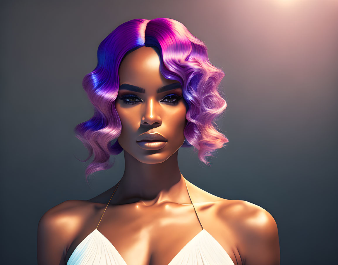 Woman with Purple Ombré Hair & Bold Makeup in White Top on Dark Background
