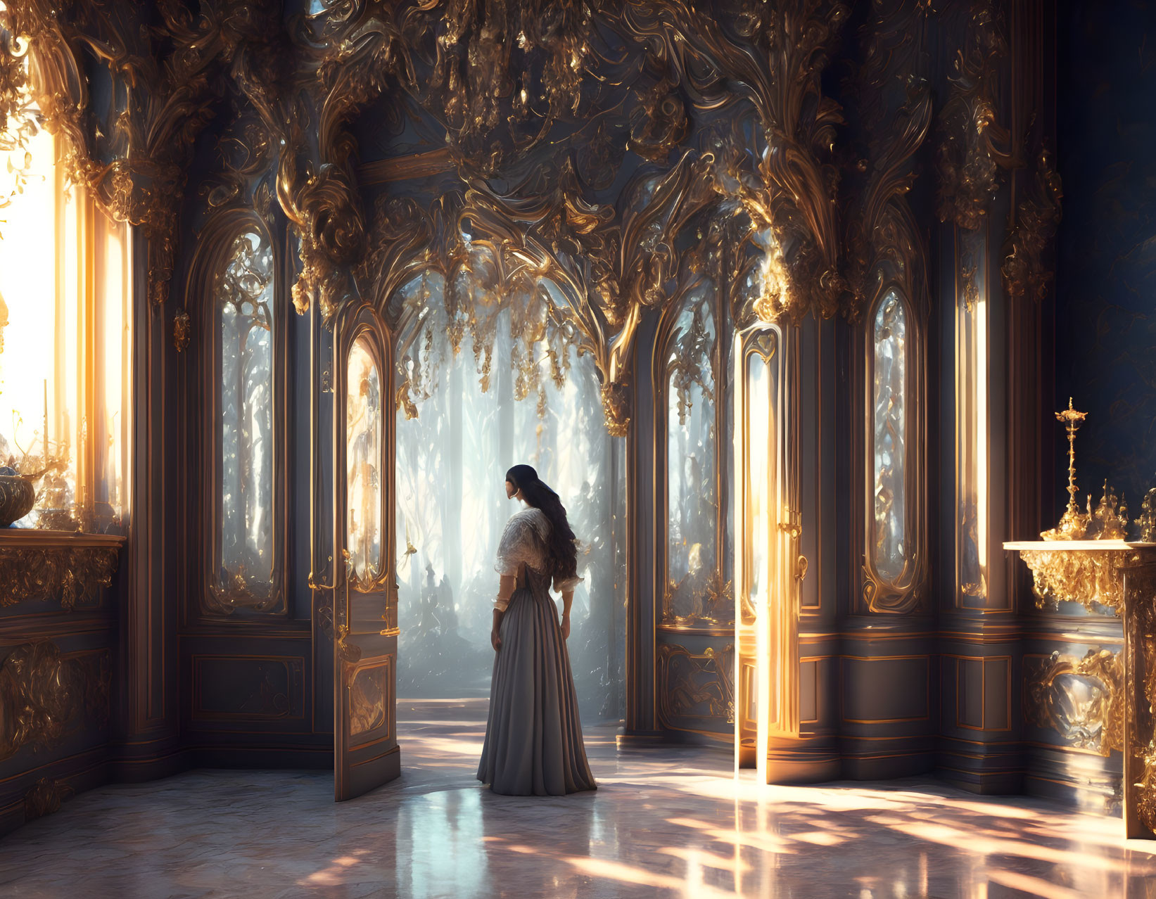 Vintage Dress Woman in Ornate Sunlit Ballroom