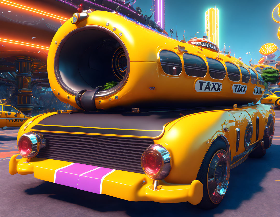 Yellow Submarine-Style Taxi with Circular Windows in Neon-Lit Urban Setting