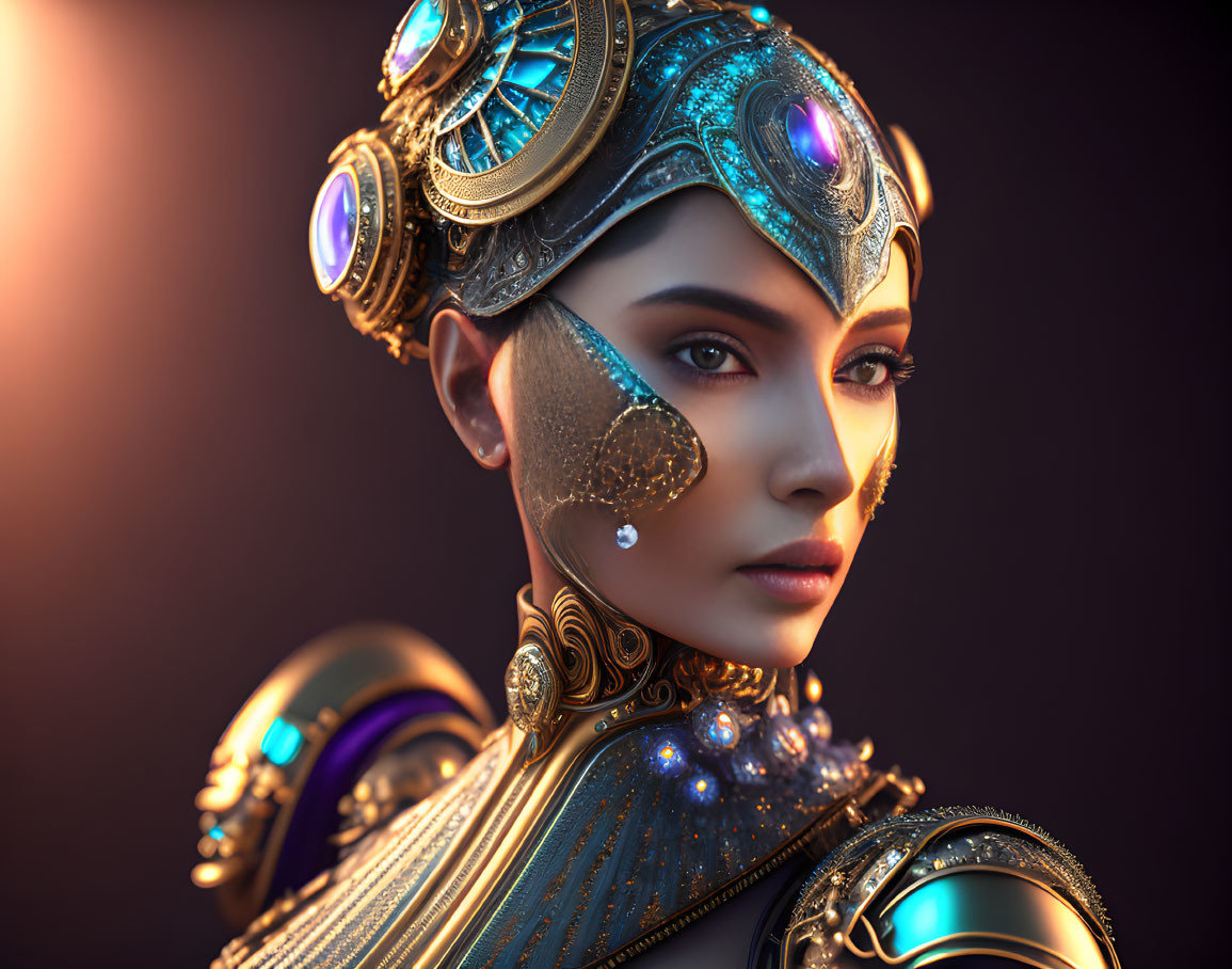 Futuristic steampunk-inspired woman with intricate metallic headdress and armor