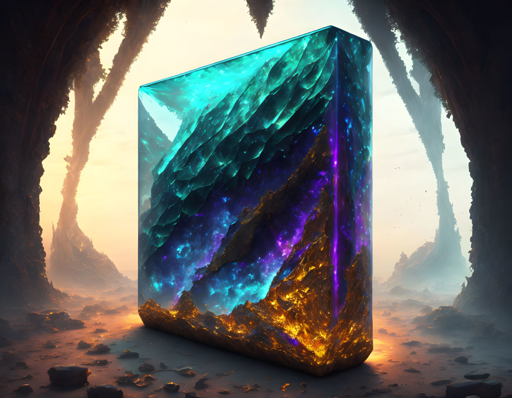 Luminescent crystal cube with geometric patterns in rocky alien landscape