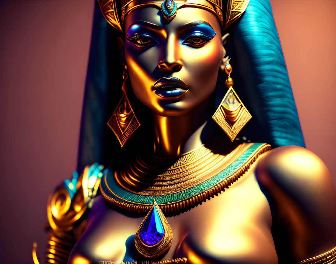 Egyptian queen with golden jewelry and headdress on warm background