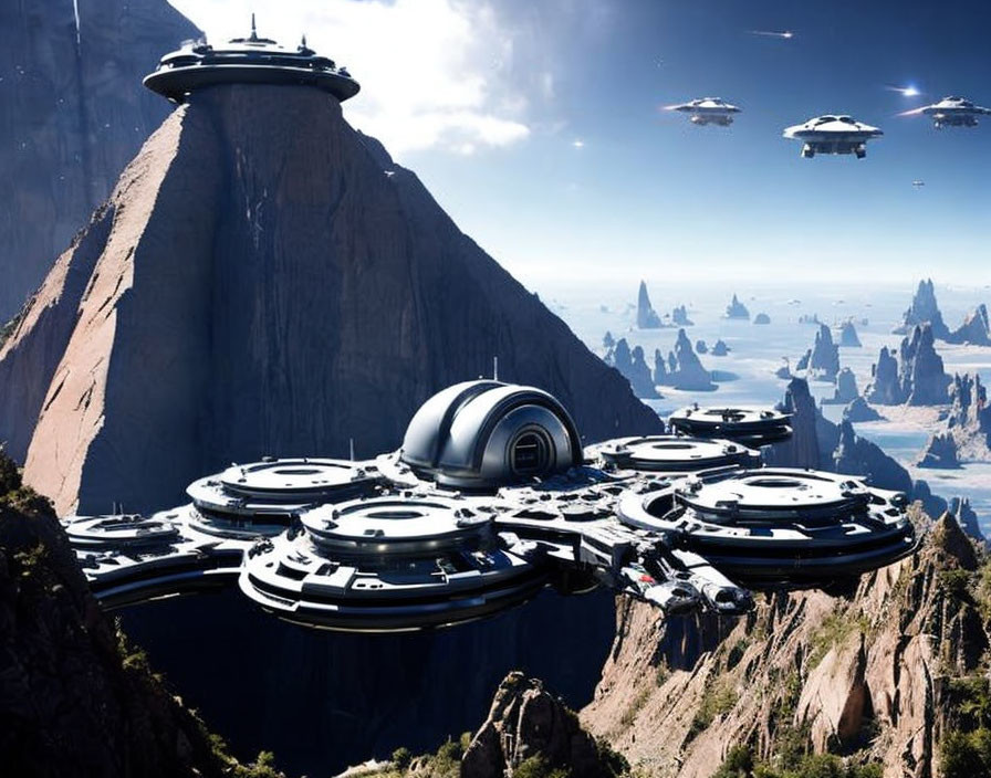 Futuristic cityscape with domed and disk-shaped buildings on mountainous terrain