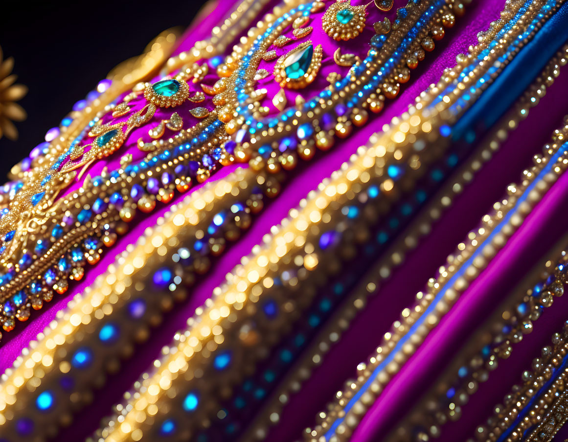 Colorful Pink and Blue Fabric with Gold Embroidery and Beads: Traditional Indian Craftsmanship