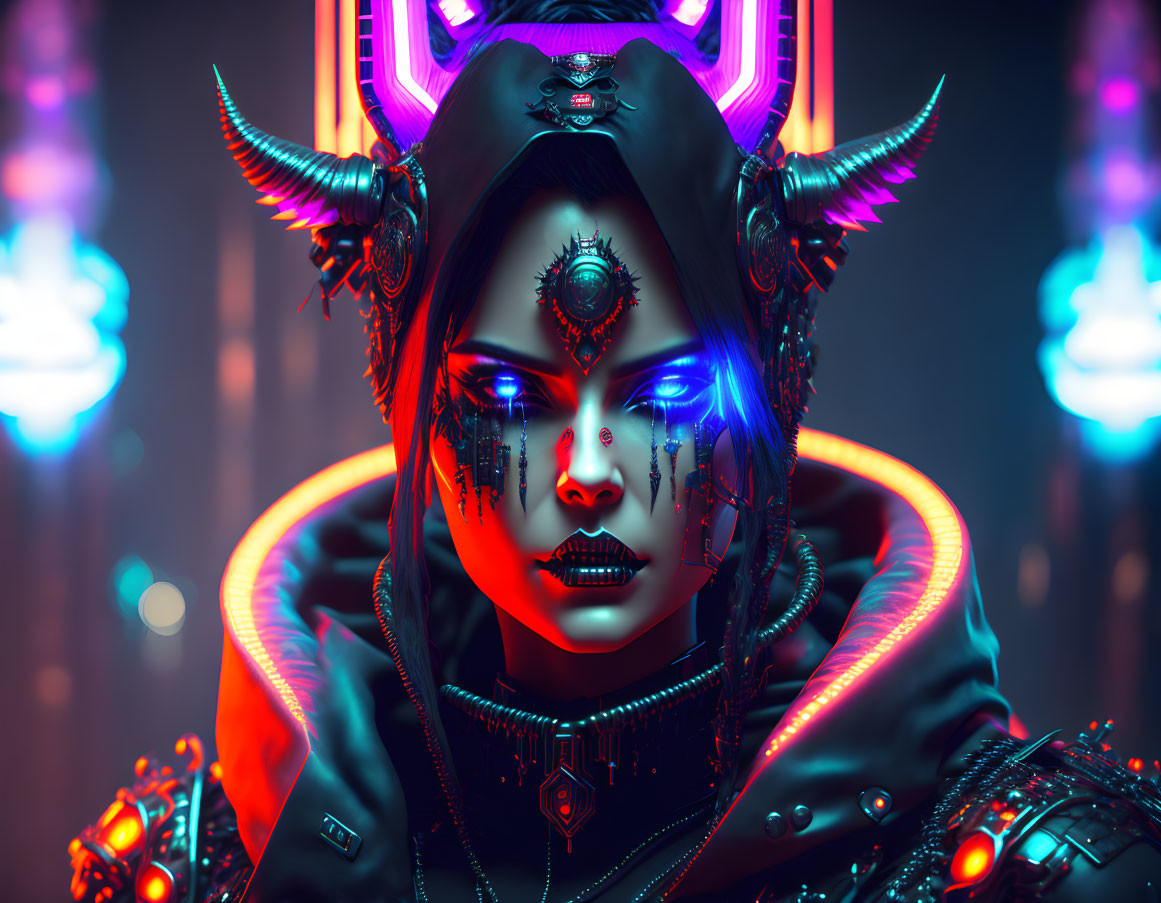 Futuristic female character with glowing horns and cybernetic enhancements