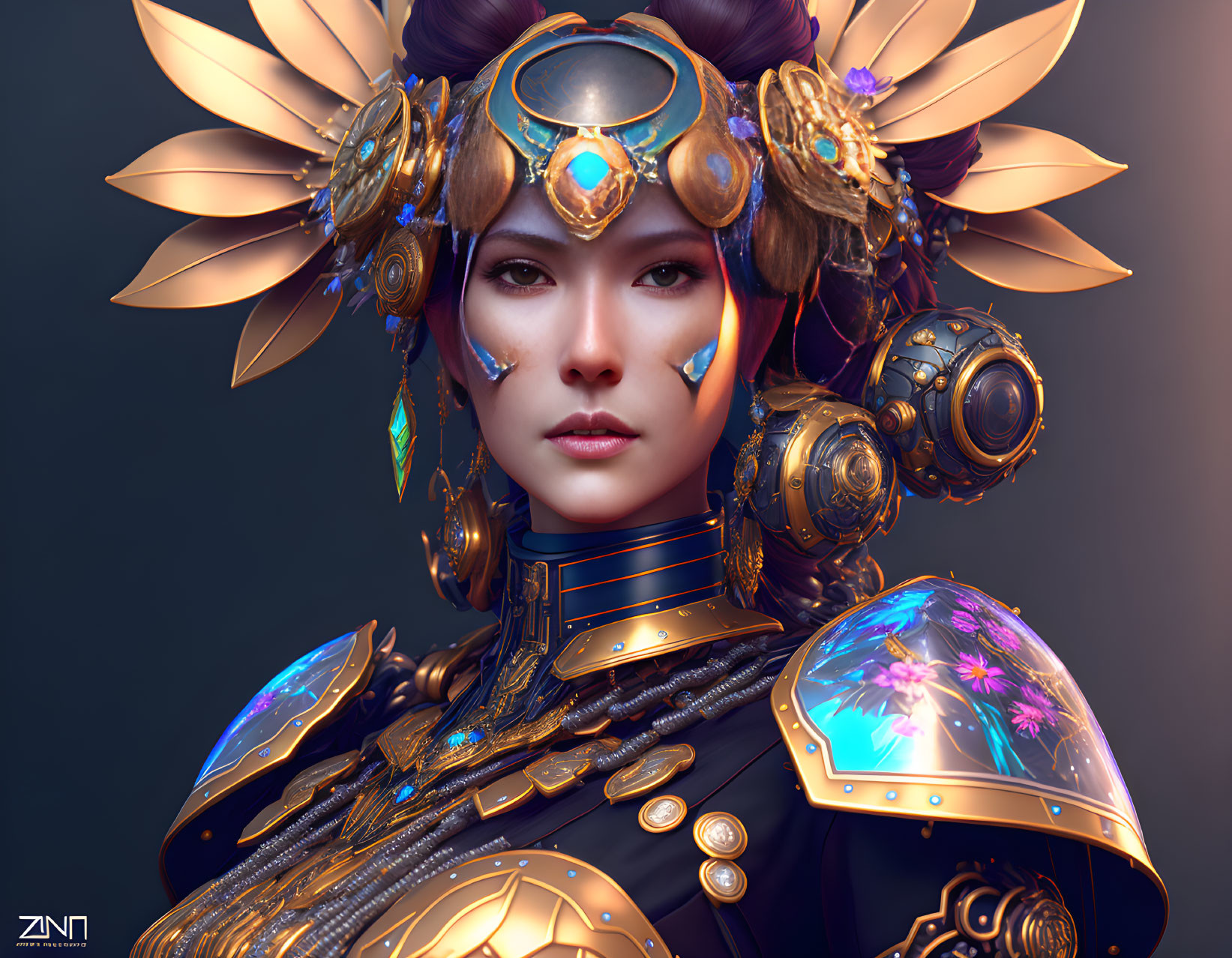 Detailed digital illustration of woman in golden and blue armor with gemstones & mechanical elements