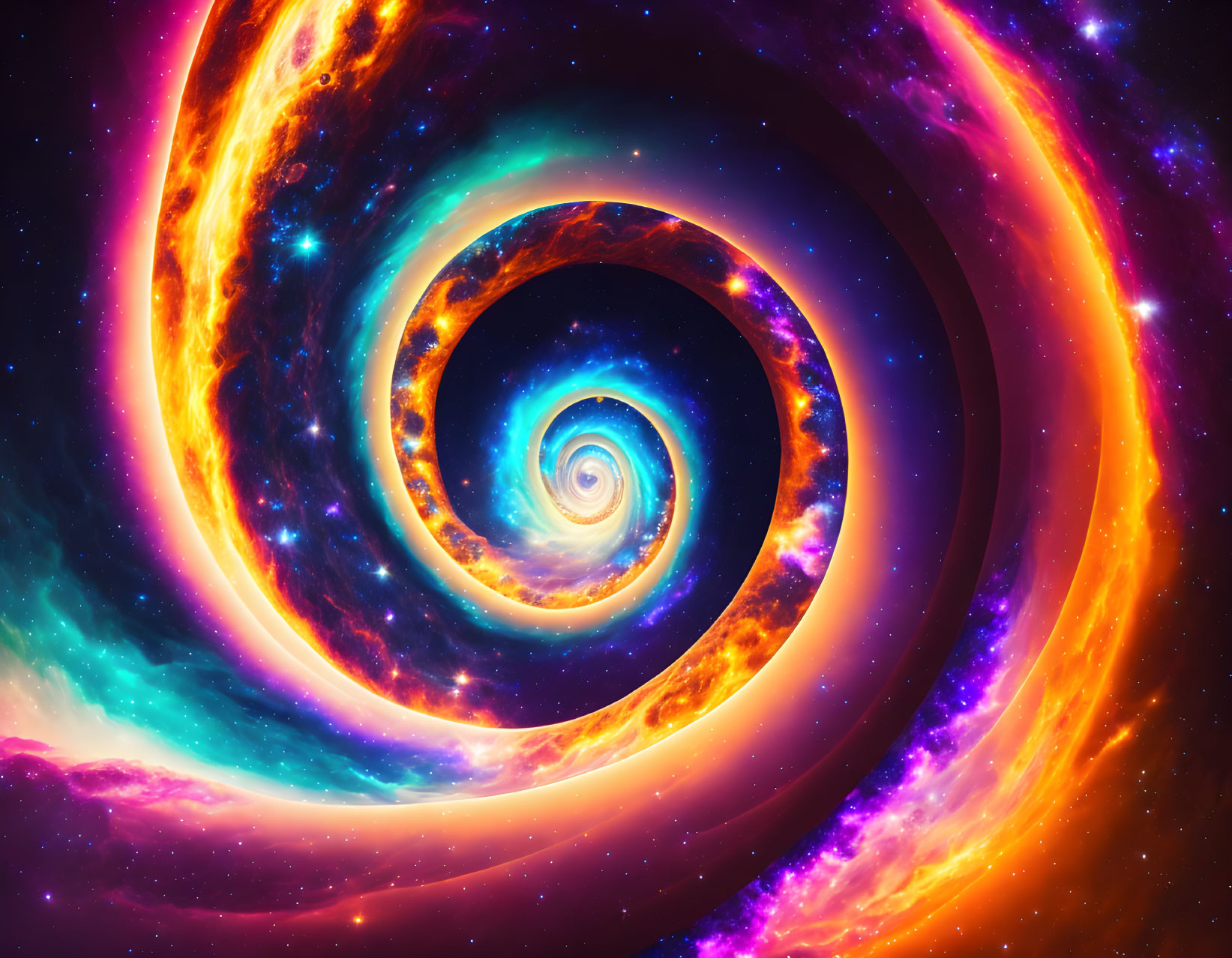 Colorful swirling galaxy digital artwork with spiral pattern in oranges, blues, and purples.