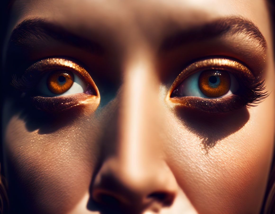 Detailed Close-up of Person's Face with Glowing Amber Irises and Dramatic Shadows