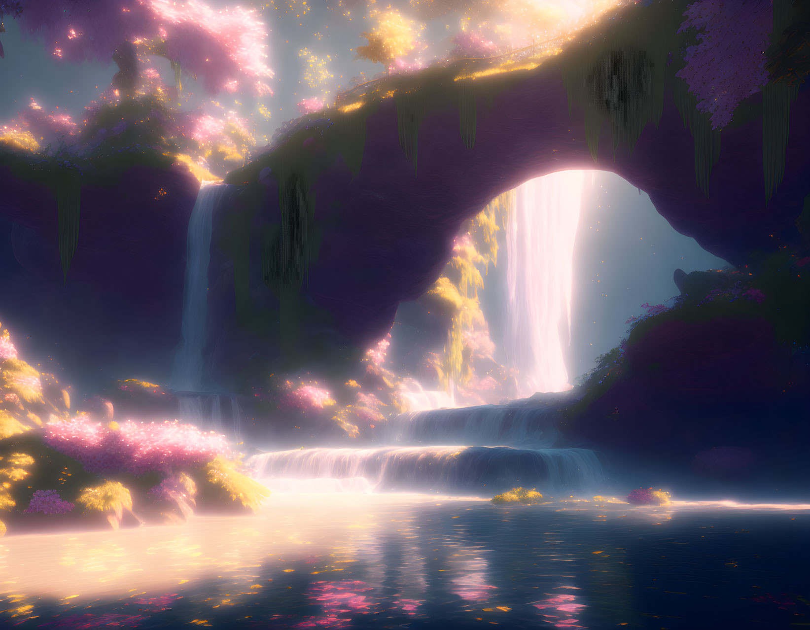 Lush Floral Archway Waterfall at Sunset or Sunrise