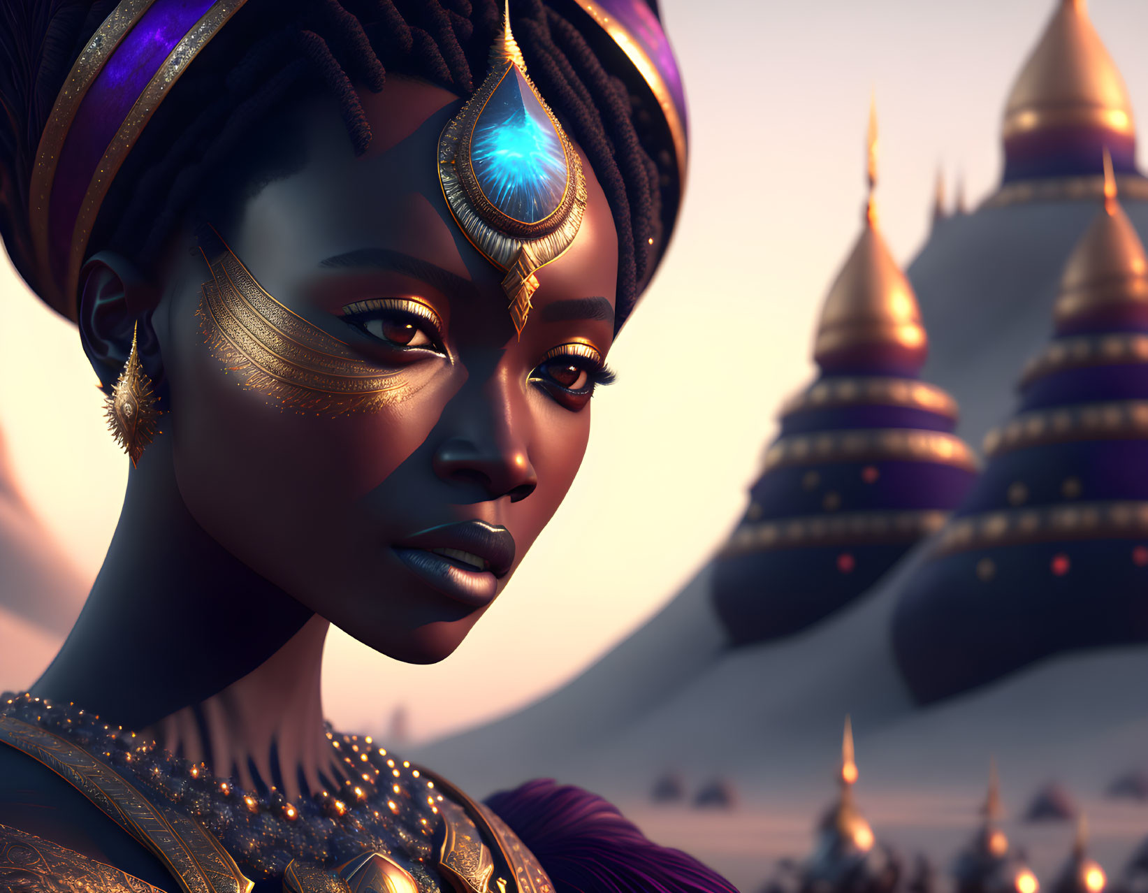 Regal woman with golden adornments in 3D art.