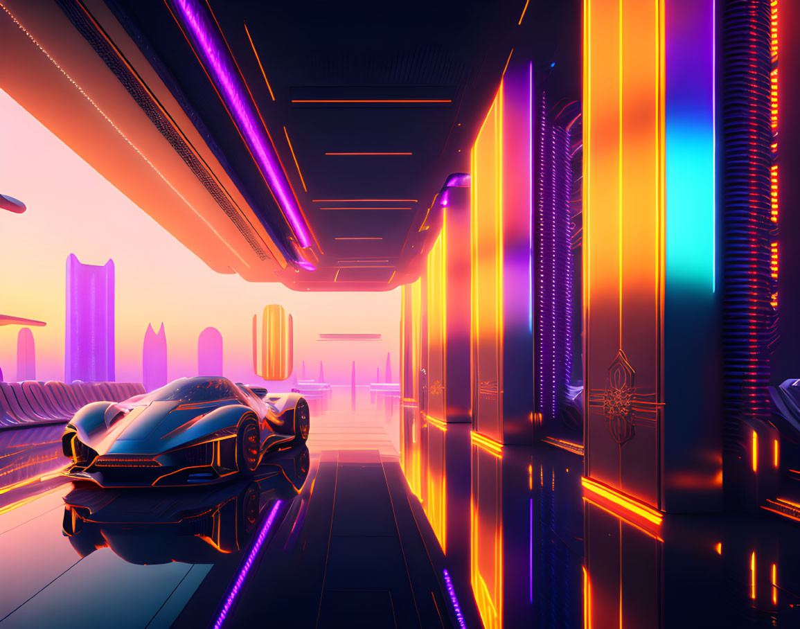 Neon-lit futuristic cityscape with modern car under high-tech underpass