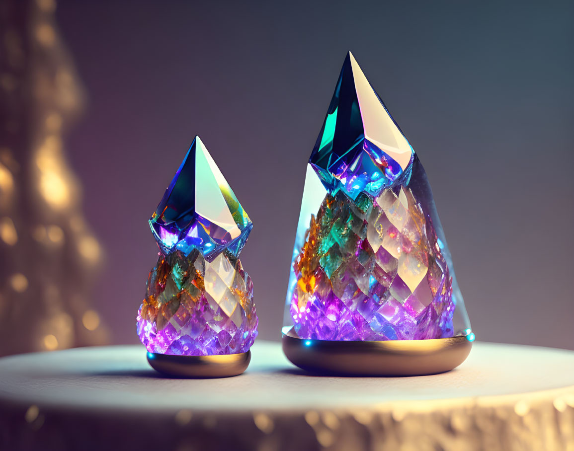 Vibrant crystal pine tree sculptures with internal illumination on pedestal