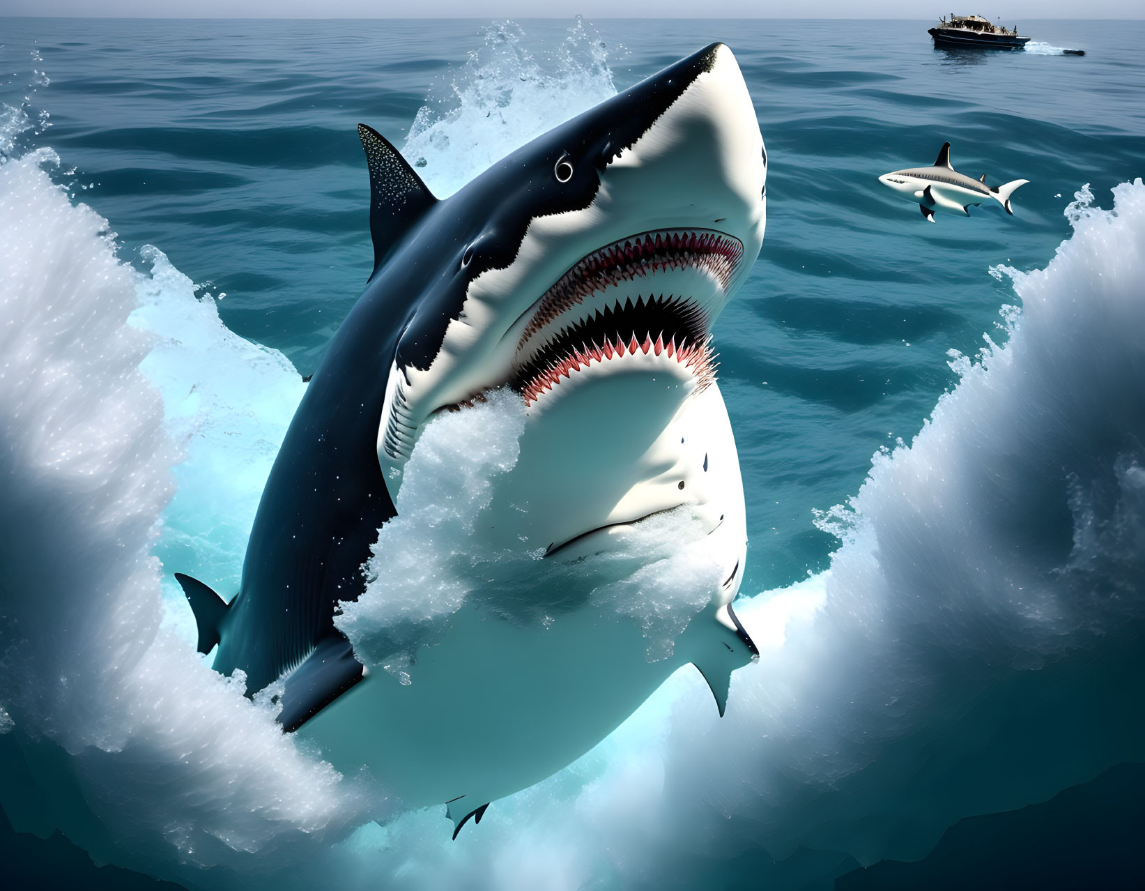 Menacing shark leaping from ocean with smaller shark and boat in background