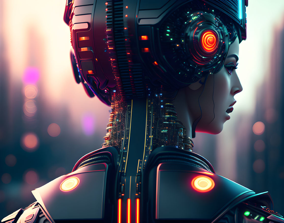 Female Cyborg with Futuristic Headgear in Urban Setting