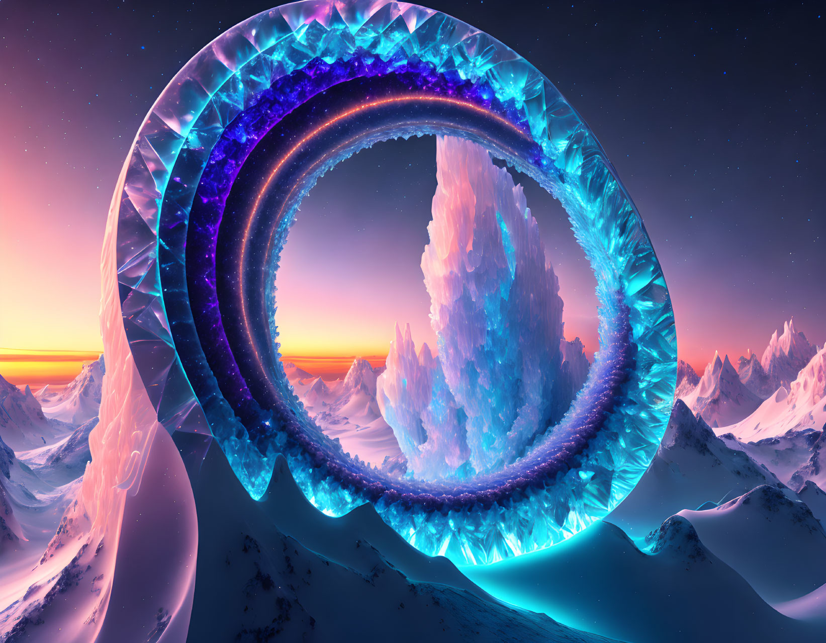Surreal digital artwork: Glowing crystal portal, vibrant sunset, snowy mountains