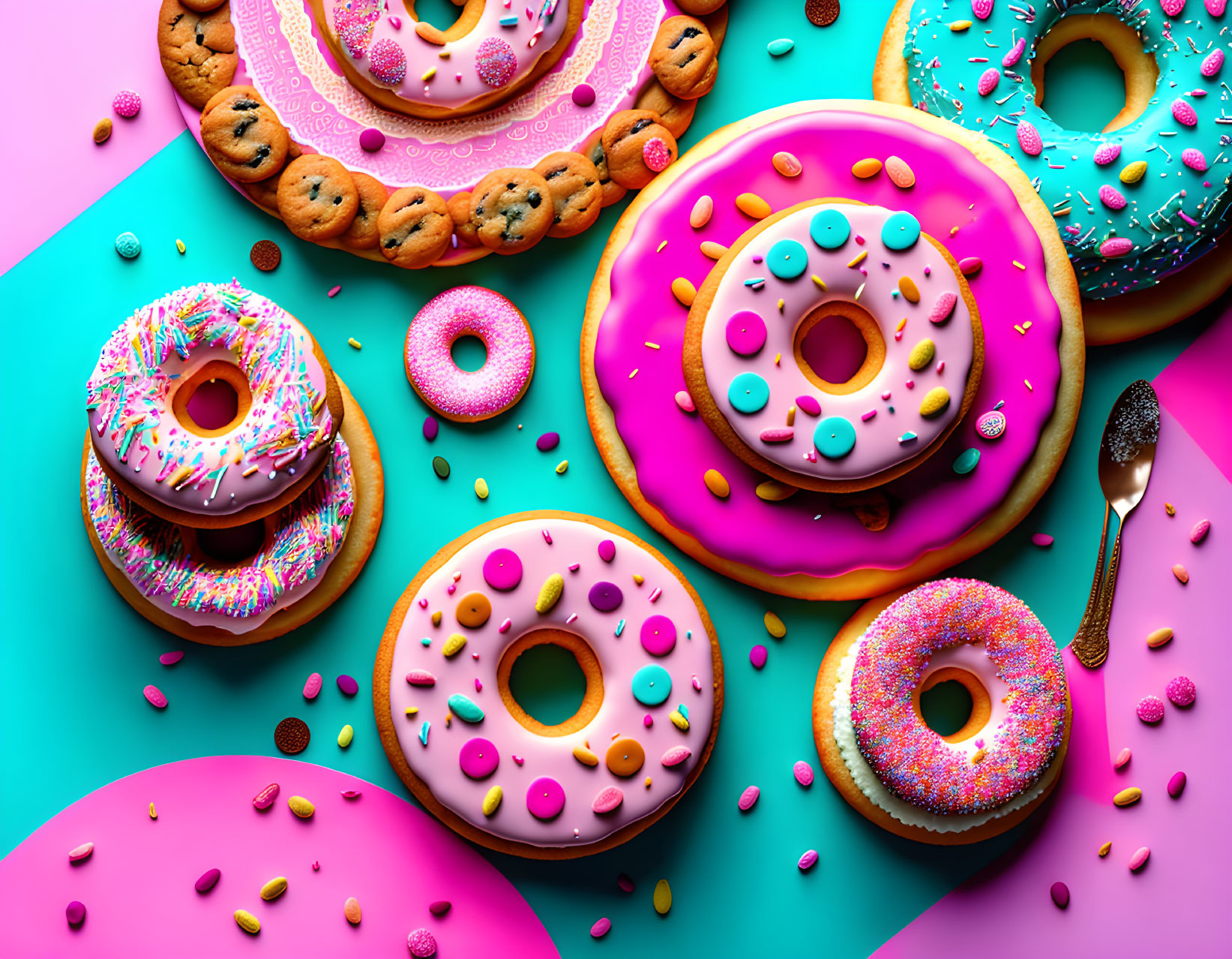 Assorted colorful sweets on vibrant background