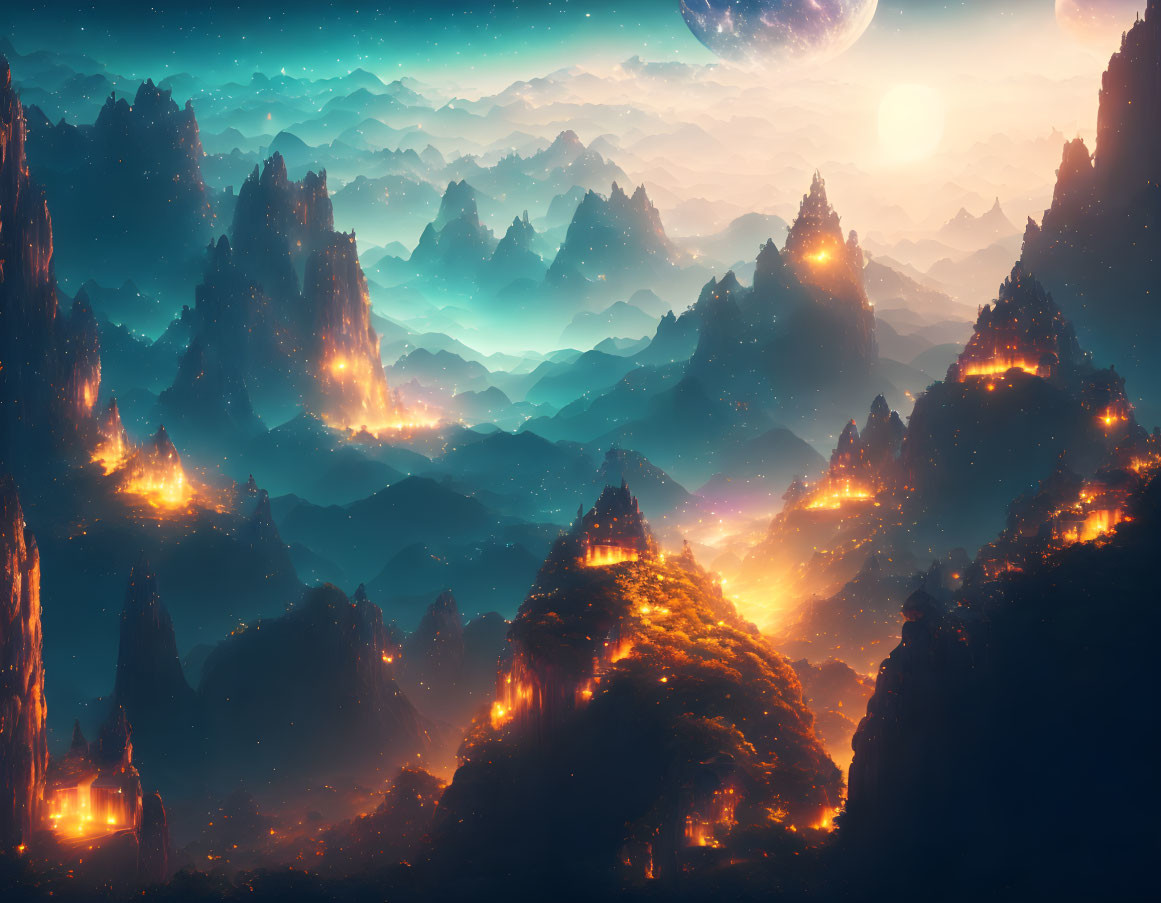 Mystical night landscape with illuminated peaks, floating islands, and large moon.