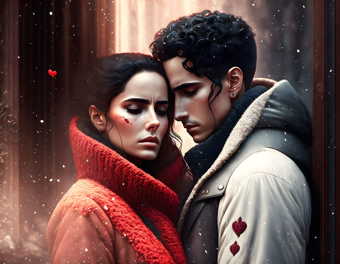 Romantic couple embracing in snowflakes with heart patches and red scarf