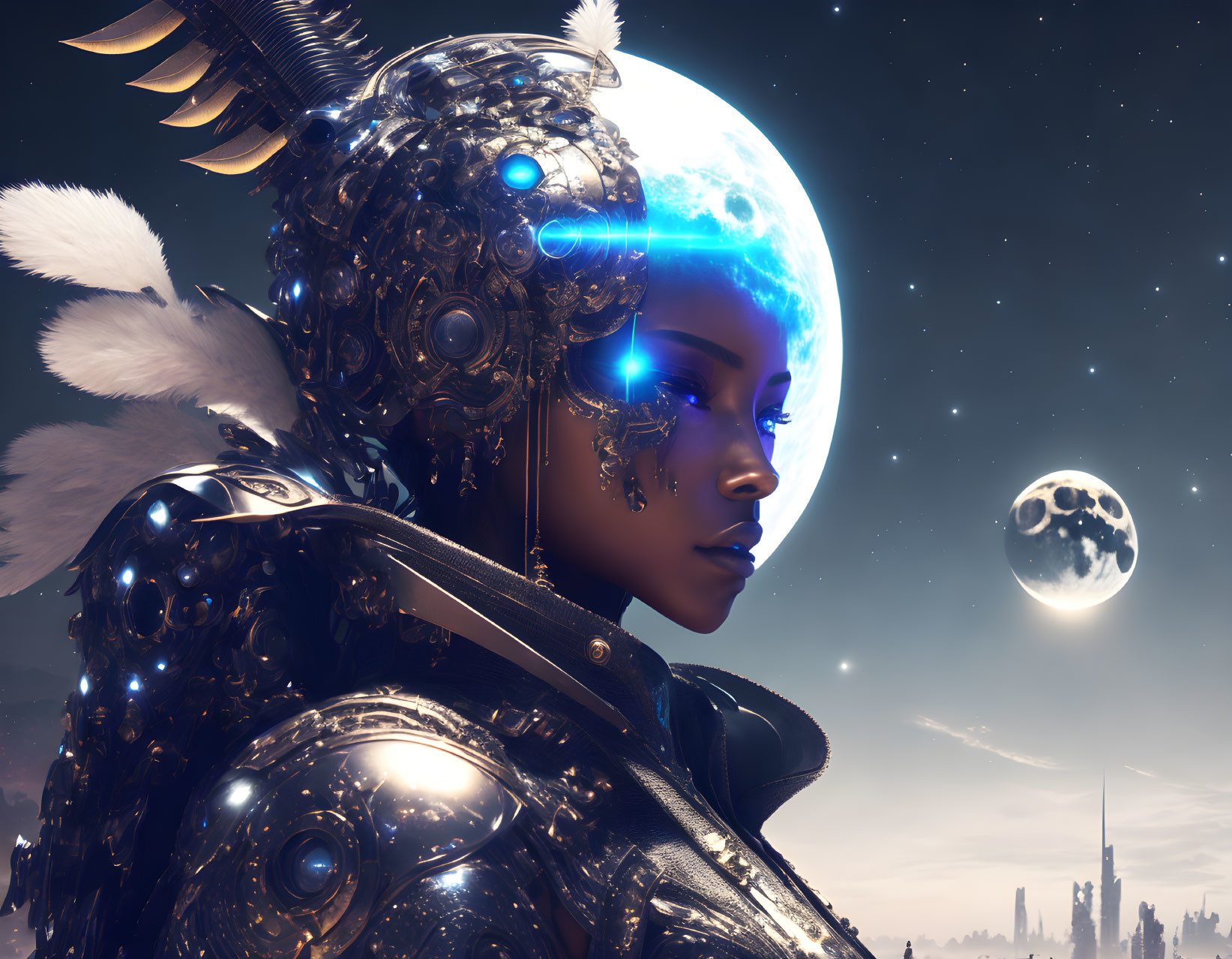 Female figure in ornate sci-fi armor against cosmic backdrop