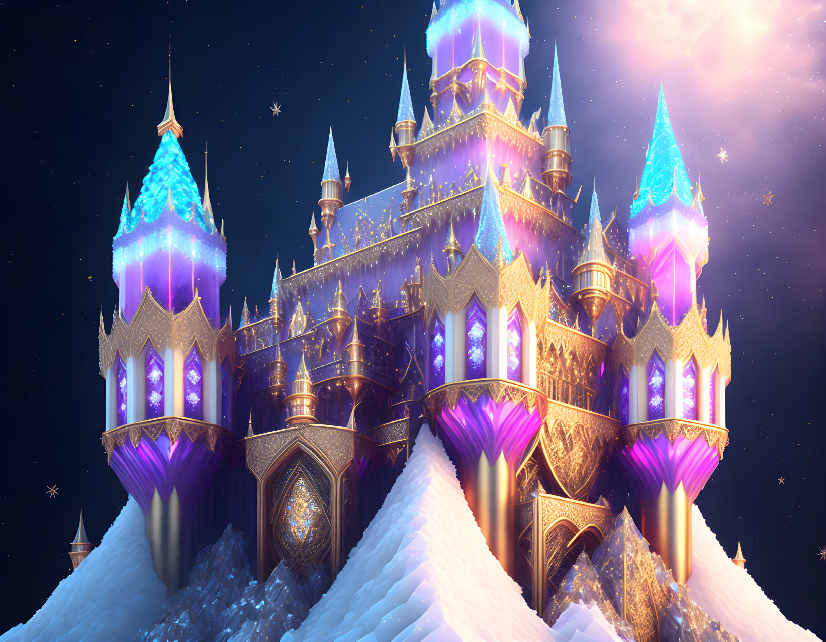 Illuminated castle on snowy hill under starry night sky