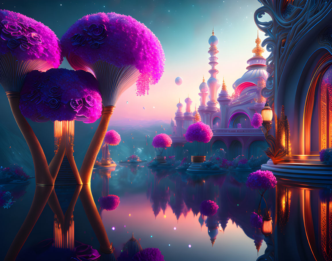 Fantasy landscape with purple trees, reflective water, ornate architecture, and twilight sky with planets.