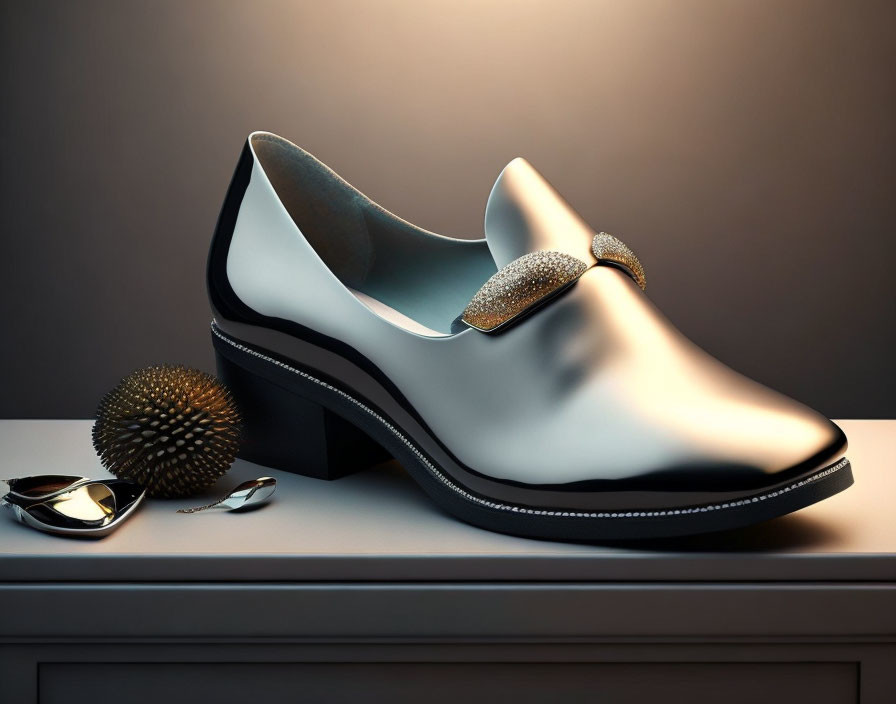 Black Loafer with Sparkly Embellishment on Sunglasses and Spiky Ball Background