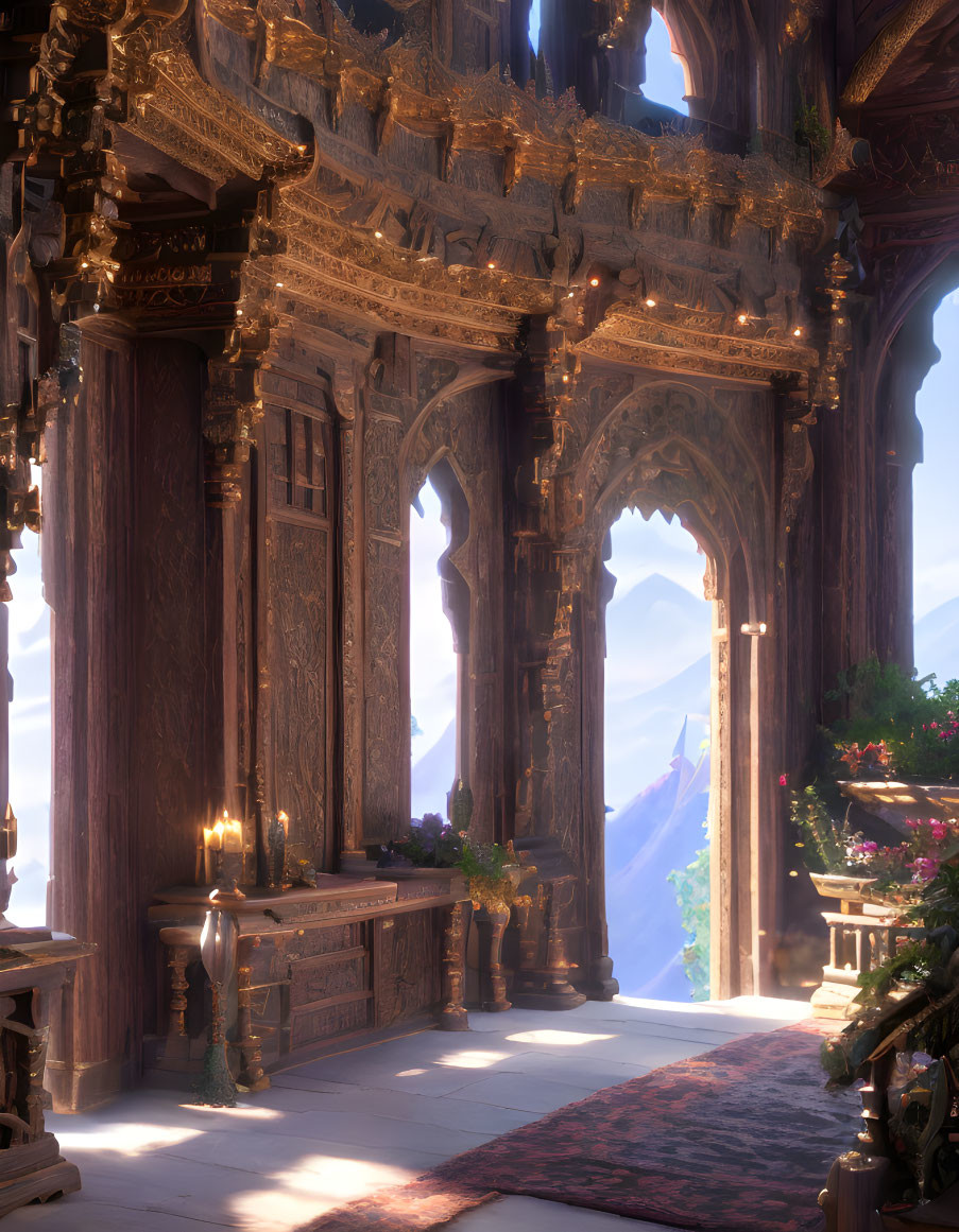 Sunlit ornate room with wood carvings, arches, candles, and mountain view