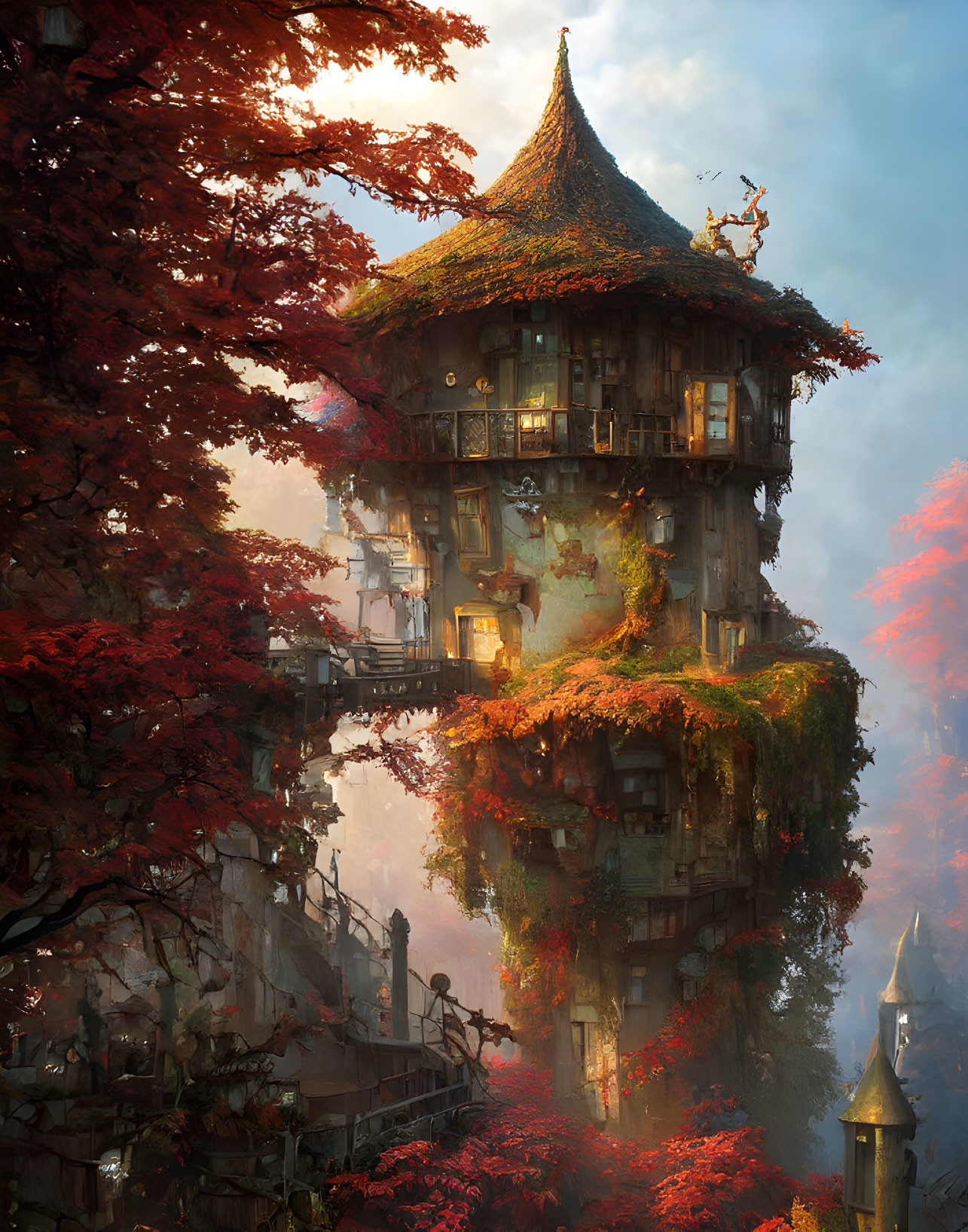 Mystical multi-story treehouse in autumn foliage with intricate wooden architecture