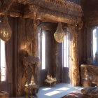 Sunlit ornate room with wood carvings, arches, candles, and mountain view