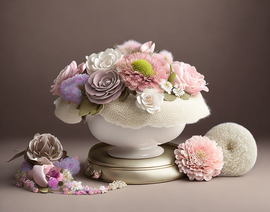 Pastel Rose Floral Arrangement in Classic Vase on Taupe Background