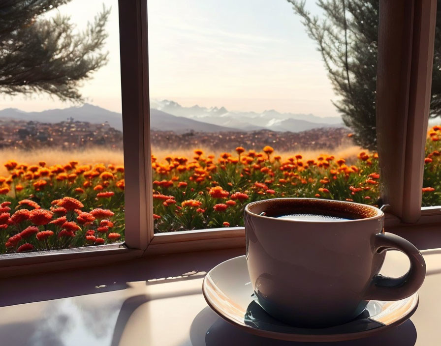 Coffee cup on windowsill overlooking vibrant field and mountains at sunrise