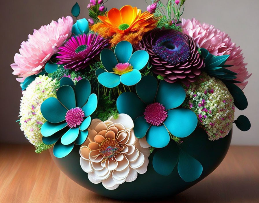 Colorful Flower Arrangement in Dark Round Vase