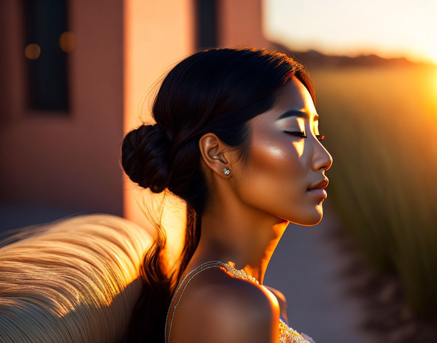 Profile of woman with elegant bun against sunset backdrop