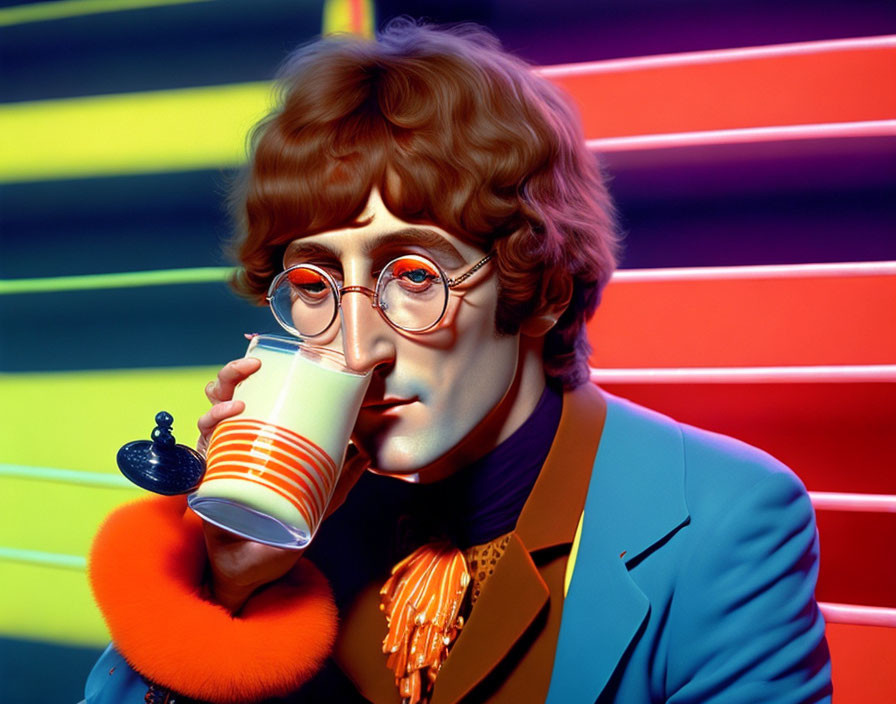 Colorful portrait of a man with curly hair and round glasses sipping from a cup against vibrant background