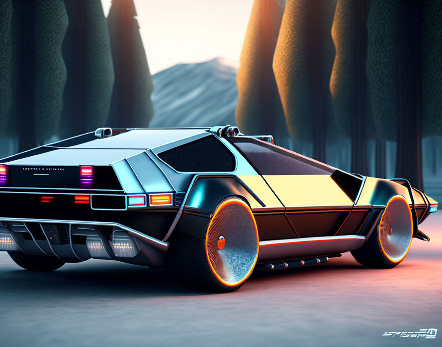 Futuristic black sports car with glowing orange wheels in desert setting