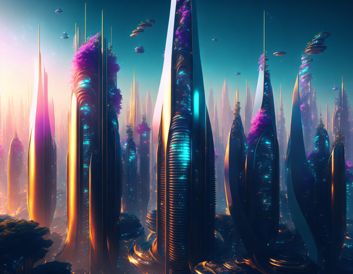 Futuristic cityscape with tall towers in pink and blue sky