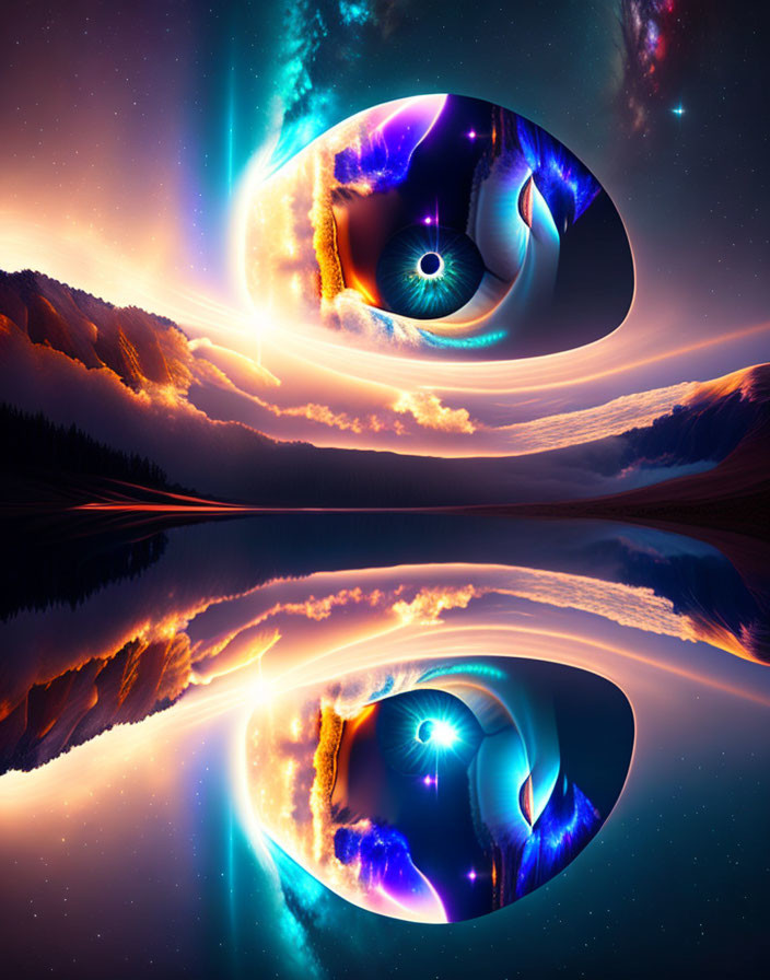 Surreal artwork: cosmic-eyed figure, vibrant nebulae, tranquil waters, majestic mountains