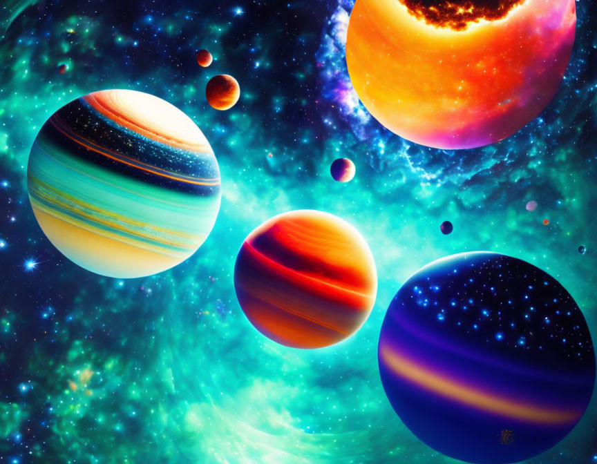 Colorful digital planets against cosmic nebula backdrop.