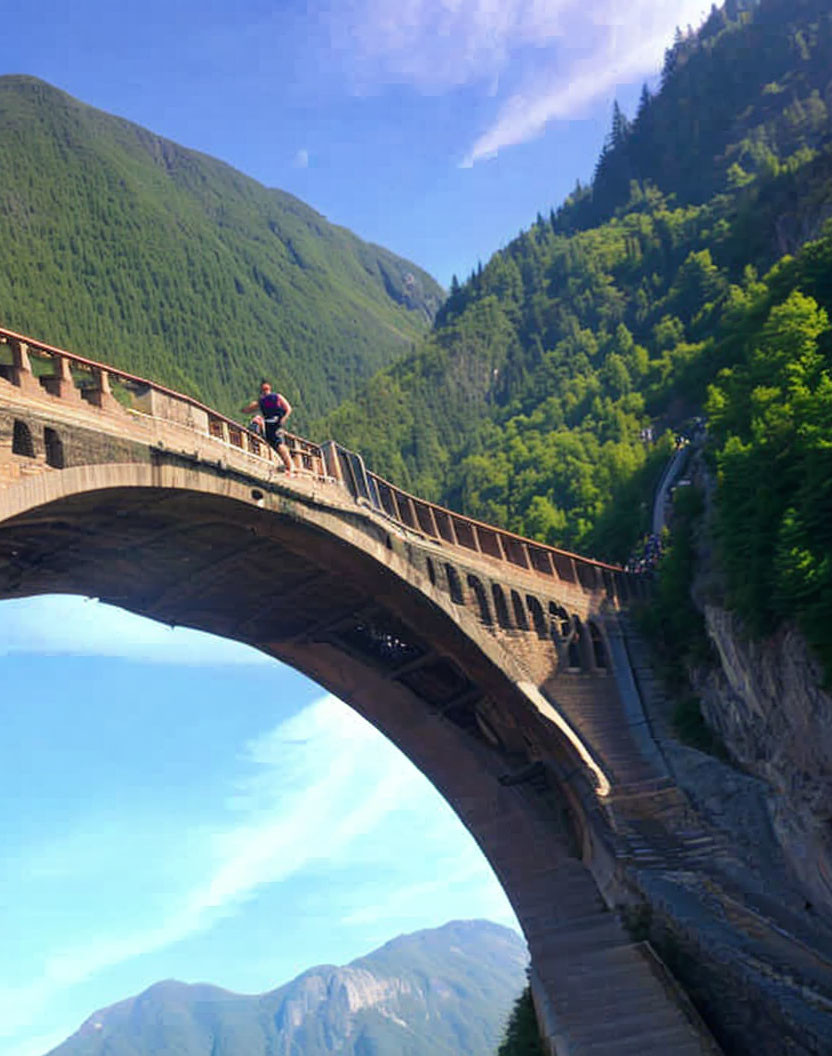 Person sitting on old stone bridge with lush green mountains and blue sky