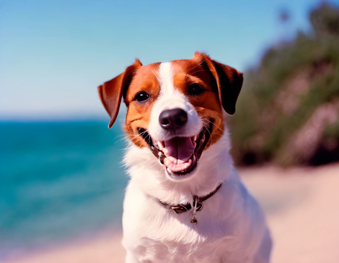 Smiling dog with collar on beach under clear blue sky