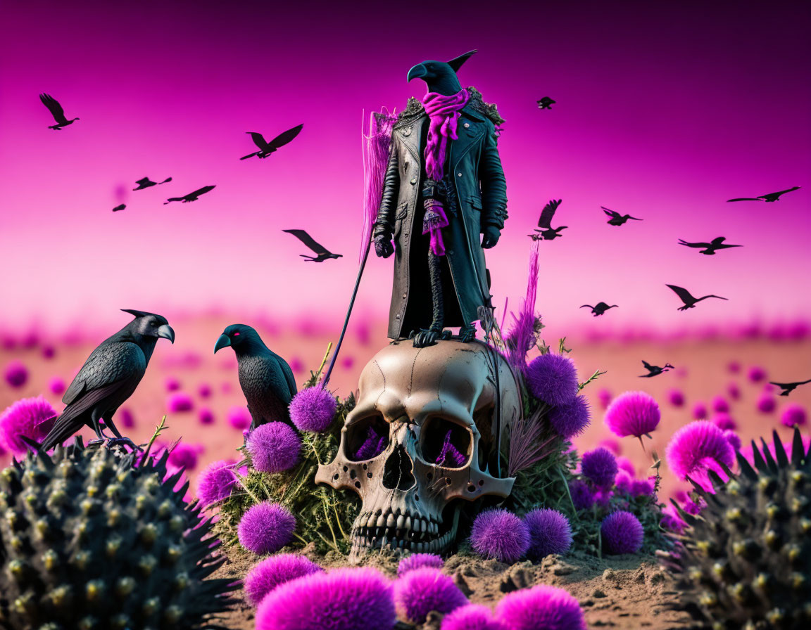 Giant skull in purple thistle desert with crowned raven and flying companions