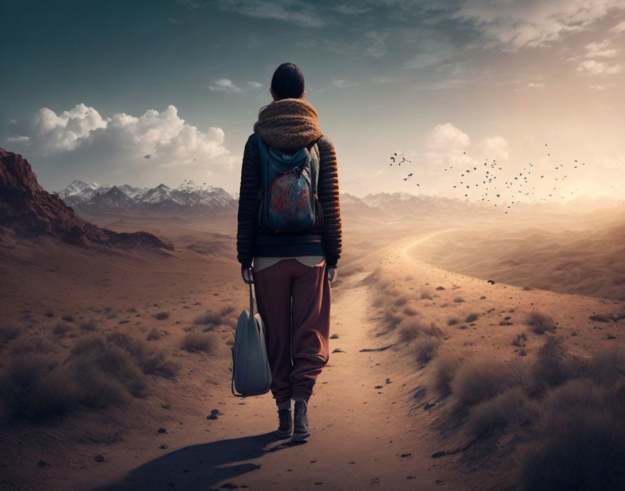 Person with backpack and chair walks on desert road towards mountains under dramatic sky with flying birds.