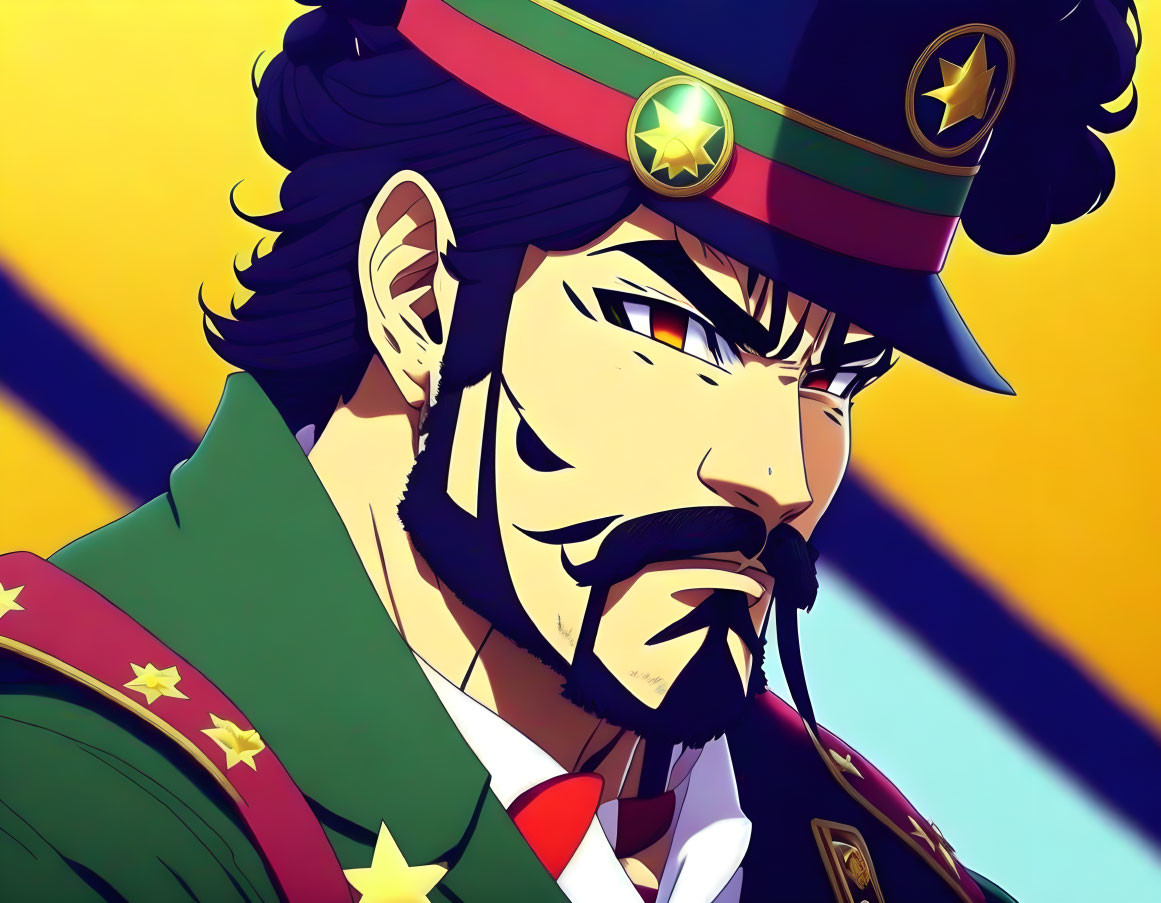 Stylized animated character in military uniform with beard and intense gaze on yellow and blue background