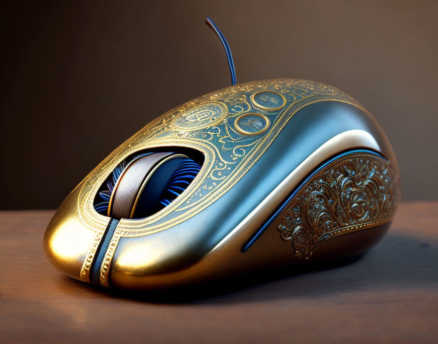 Intricate Gold-Patterned Computer Mouse on Wooden Surface