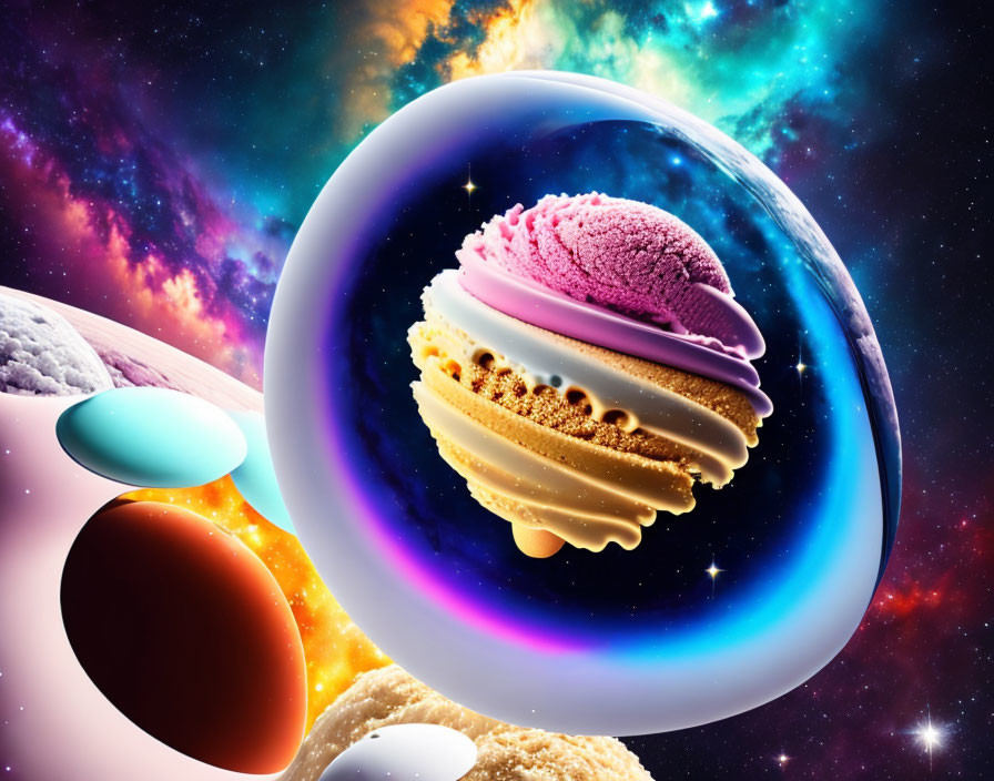 Colorful Macaron in Cosmic Space Setting: Surreal Bubble Surrounds Dessert with Planets and