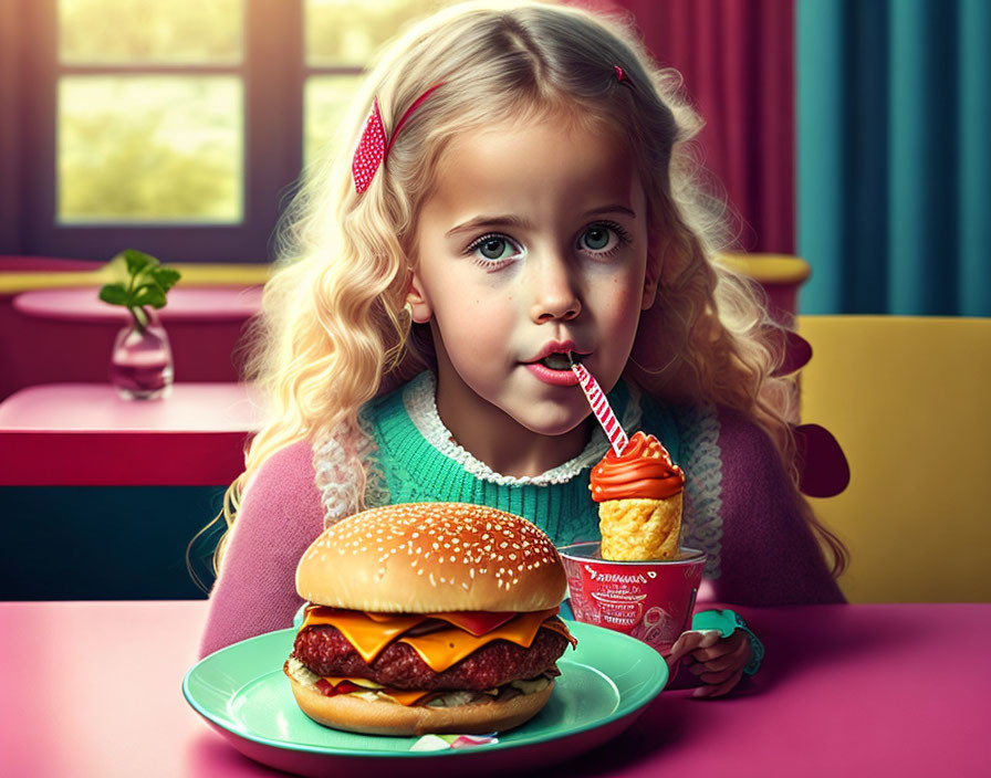 Blonde girl sipping drink at table with cheeseburger and ice cream