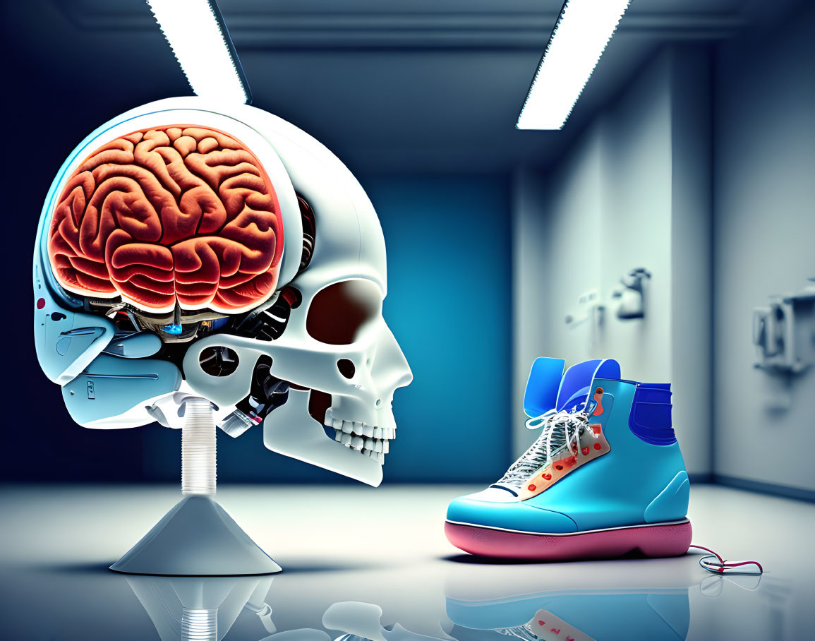 Robotic skull with exposed brain and sneaker in futuristic corridor