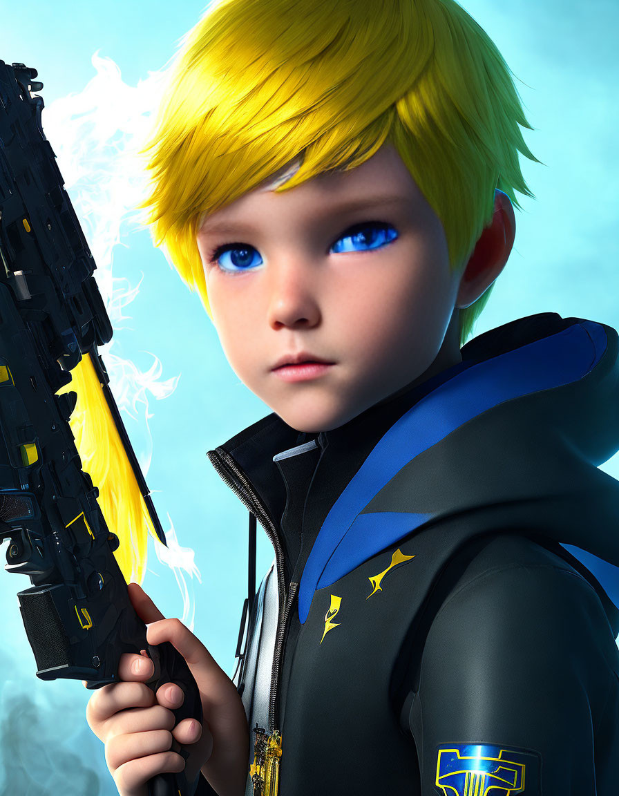 Child with blue eyes holding gun in digital art