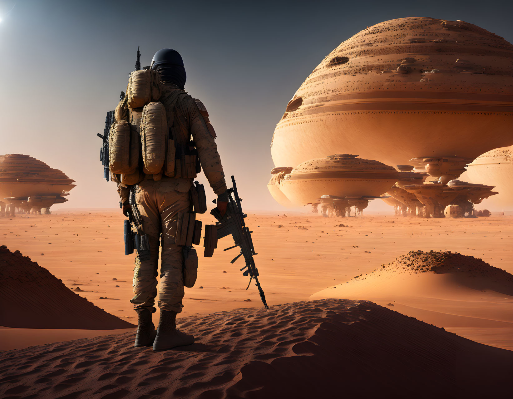 Astronaut in desert gear with rifle observing futuristic desert planet.